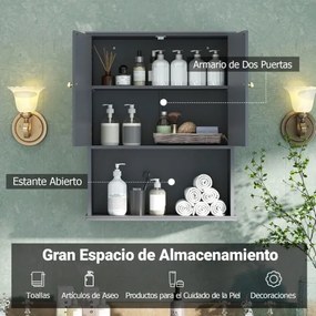 Armário de casa de banho de Parede 60 x 21 x 75 cm com 2 Portas com Prateleira Aberta e Ajustável Cinza
