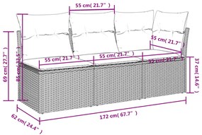 Sofá de jardim com almofadões 3 lugares vime PE castanho