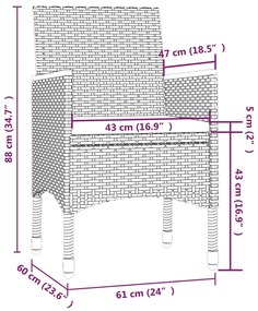 3 pcs conjunto jantar exterior com almofadões vime PE cinzento