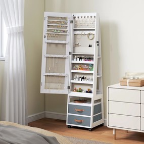 Espelho Armário de Jóias com Luzes LED Rodas Giratórias 360° Prateleiras Abertas Gavetas de Tecido Branco