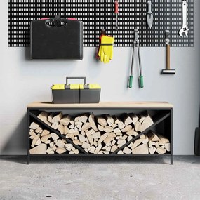 Suporte para lenha com tampo de madeira 100,5x35,5x40 cm preto