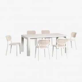 Conjunto De Mesa Retangular 180x100 Cm Arnadine E 6 Cadeiras De Jantar Empilháveis Em Polipropileno Omara Gardénia Branco - Sklum