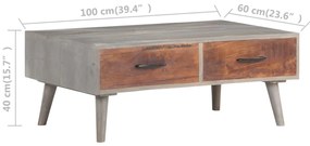 Mesa de centro 100x60x40 cm mangueira maciça áspera cinzento