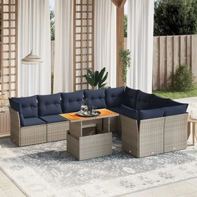 vidaXL 10 pcs conjunto sofás p/ jardim c/ almofadões vime PE cinzento
