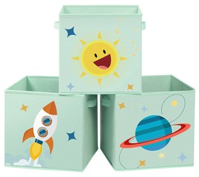 Caixas de armazenamento SONGMICS, conjunto de 3, caixas organizadoras de brinquedos, cubos de armazenamento dobráveis ​​com duas alças, para quarto infantil, sala de jogos, quarto, 30 x 30 x 30 cm, tema espacial, verde RFB001G03