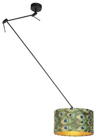 Candeeiro de suspensão preto com abajur de veludo azul-pavão com dourado 35 cm - Blitz Clássico / Antigo