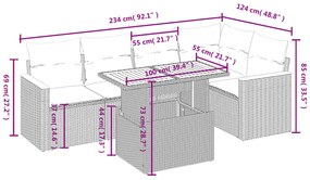 6 pcs conjunto sofás de jardim c/ almofadões vime PE preto