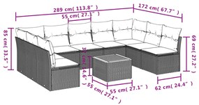 10 pcs conjunto sofás p/ jardim c/ almofadões vime PE cinzento