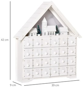 Calendário de Advento de Natal Madeira com 24 Gavetas e Luzes LED Decoração de Natal Modelo Casinha 39x9x42cm Branco