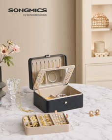 Caixa para joias 17,6 x 22 x 11 cm com duas camadas, espelho e tabuleiro flexível Preta
