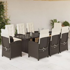 9 pcs conjunto jantar p/ jardim c/ almofadões vime PE castanho