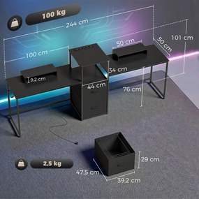 Mesa Gaming Dupla de 244 cm com Estação de Carga Portos USB Suportes para Monitor Gavetas de Tecido Preto