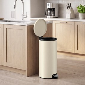 Caixote do lixo de cozinha 30 L, 29,5 x 37,1 x 63 cm com pedal e tampa com fecho suave, balde interior e 15 sacos de lixo, Bege
