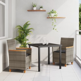 vidaXL Conjunto de Jantar de Jardim de 3 Peças com Almofadas Cinza Rattan Poliéster