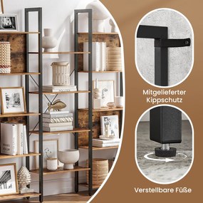 Estante para livros 24 x 158 x 166 cm, com 14 prateleiras e estrutura metálica castanho vintage-preto