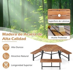 Conjunto de mesa e bancos para 6 pessoas em madeira de acácia com 3 assentos, orifício para guarda-sol e estrutura metálica castanha e preta