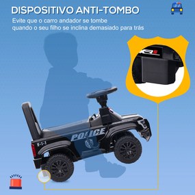 HOMCOM Carro Andador de Policia para Bebé de 18-60 Meses Carro sem Pedais com Buzina Megafone Compartimento de Armazenamento e Encosto Removível 62x29x43cm Preto