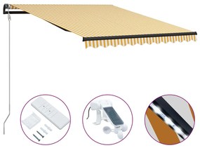 vidaXL Toldo retrátil c/ sensor vento e LED 300x250cm amarelo/branco