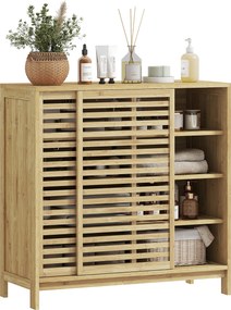 Armário de Casa de Banho em Bambu com 2 Portas de Correr Desenho com Ripas 4 Prateleiras Móvel Auxiliar de Arrumação 80x34x80 cm Madeira