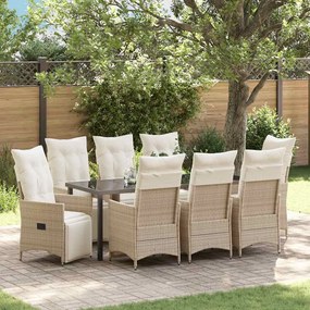 vidaXL Conjunto de Jantar de Jardim com 9 Peças com Almofadas Bege Rattan Sintético