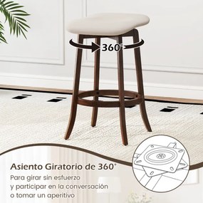Conjunto de 2 bancos giratórios de bar sem encosto com assentos estofados e apoio para os pés para sala de jantar 46 x 43 x 74 cm Castanho