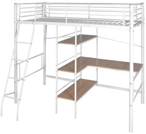 Cama alta com secretária metal 90x200 cm branco e castanho