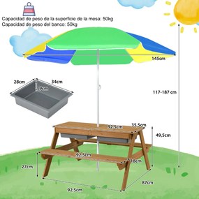 Mesa de piquenique infantil 3 em 1 com guarda-sol removível e ajustável de altura de 117 a 187 cm Mesa de madeira para pátio de jardim Multicolorido