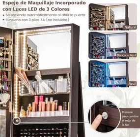Armario Jóias rotativo 360° com luzes LED Espelho de corpo inteiro Estantes 54,5 x 161 cm Café