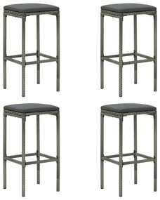 Bancos de bar com almofadões 4 pcs vime PE cinzento