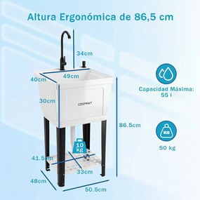 Lava-loiça de Lavandaria plastico, 50,5 x 48 x 120,5 cm, Torneira Giratória de 360°, Branco