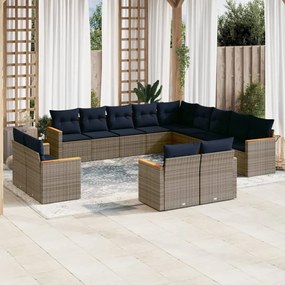 vidaXL 13 pcs conjunto sofás p/ jardim c/ almofadões vime PE cinzento