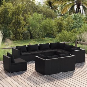 vidaXL 9 pcs conjunto lounge de jardim c/ almofadões vime PE preto