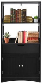 Estante de casa de banho com 3 prateleiras 1 gaveta 1 armário de arrumação Toalha Champô Gel Organizador de cozinha 60 x 32,5 x 122 cm Preto