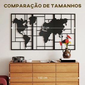 Decoração de Parede em Metal com Mapa Múndi Conjunto de 3 Peças Quadros de Parede Metálicos Preto