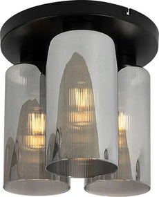 Candeeiro de tecto Art Deco preto com vidro fumê 3 luzes - Laura