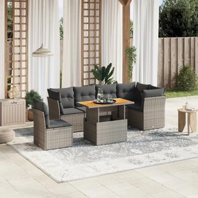 7 pcs conjunto sofás p/ jardim c/ almofadões vime PE cinzento