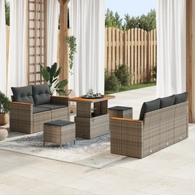 Conjunto de Sofá de Jardim de 8 Peças com Almofadas Cinza Poliratan Acácia
