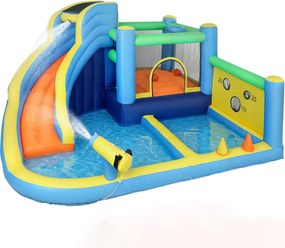 Castelo Insuflável Aquático 8 em 1 com Soprador 550W Escorrega Trampolim Escalada Piscinas Cesto Lançamento de Argolas
