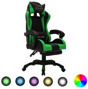 Cadeira estilo corrida luzes LED RGB couro artif. verde/preto