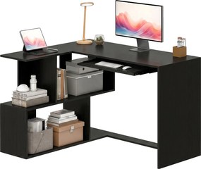 Secretária de canto, 120 x 100 x 76 cm, secretária em L para computador com suporte para teclado, 4 compartimentos abertos, preta