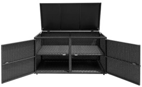 Caixa de arrumação para jardim em rattan 335L Contentor de arrumação em vime para exterior coberto 2 Estantes 115 x 60 x 65 cm Preto