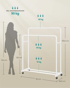 Guarda roupa Cabideiro 46,5 x 110 x 155,5 cm com rodas para arrumação flexível, branco mate
