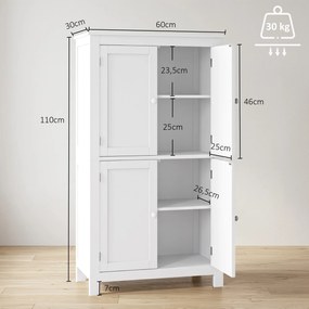 Armário de Casa de Banho, 60 x 30 x 110 cm, 4 Portas e Prateleiras Reguláveis, Branco