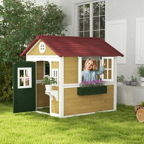 Casa de Madeira para Crianças Casa de Brincar Infantil para Jardim  com Porta Janelas e Floreiras 114x126,5x135 cm Multicor