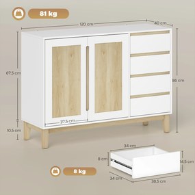 Aparador, móvel de arrumação com 2 portas e 4 gavetas, prateleira ajustável, 120 x 40 x 86 cm, branco e carvalho