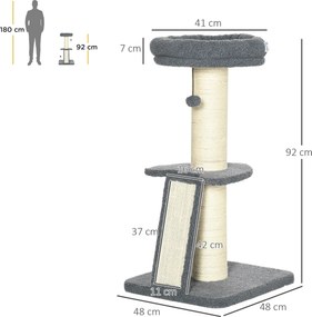 Árvore para gatos com arranhador em forma de tronco de sisal, bolas suspensas e plataforma de observação, altura 92 cm - cinzento