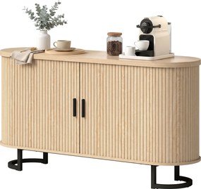 Aparador de sala, móvel de arrumação oval com 2 portas de correr e prateleiras ajustáveis, 140 x 40 x 75 cm, madeira natural
