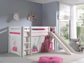 Conjunto Cama alta de Criança PINO 90 x 200 cm + estrado + escada + escorrega + cortina Princesa branca