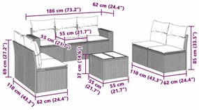 8 pcs conj. sofás jardim c/ almofadões vime PE cinzento-claro