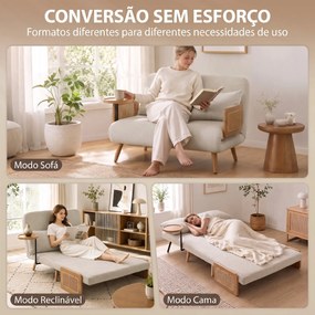 Sofá-Cama 2 Lugares 3 em 1 em Chenille com Encosto Ajustável, Mesa Lateral e 2 Almofadas, Creme